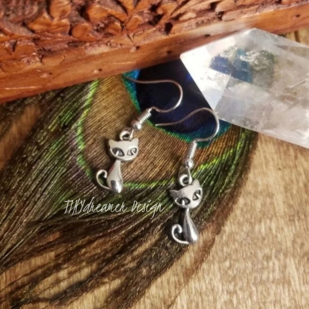 Cat earrings Meow Silver Kitty Feline Pet Animal Lover gift idea Halloween Witch - Picture 8 of 9